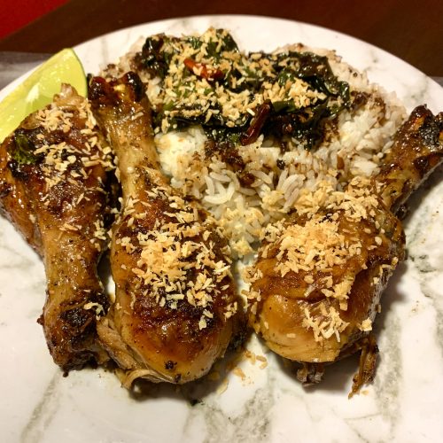 coconut chicken drumsticks with spinach brown sauce over jasmine rice