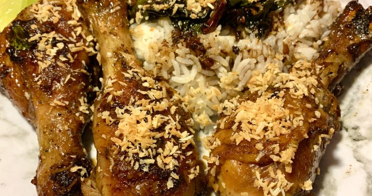 Thai Coconut Chicken Drumsticks with Brown Sauce and Spinach