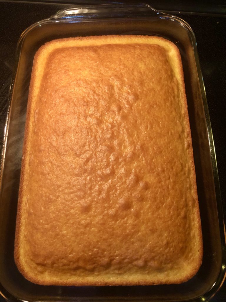 post bake boxed yellow cake mix in glass baking dish
