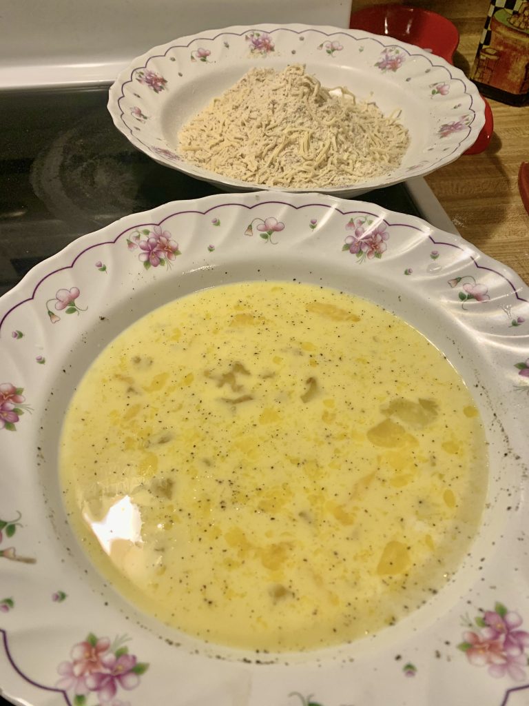 dredging station one bowl egg mixture and one bowl breading mixture