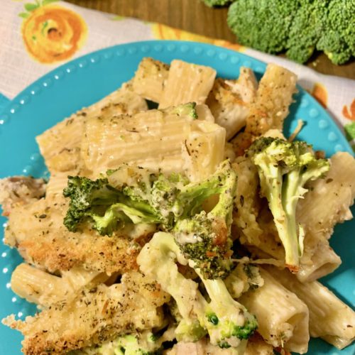 chicken broccoli alfredo ziti with a parmesan cheese and herb topping plated on a light blue plate on top of floral fabric napkin with a head of broccoli and a ramiken of shredded parmesan cheese in the background