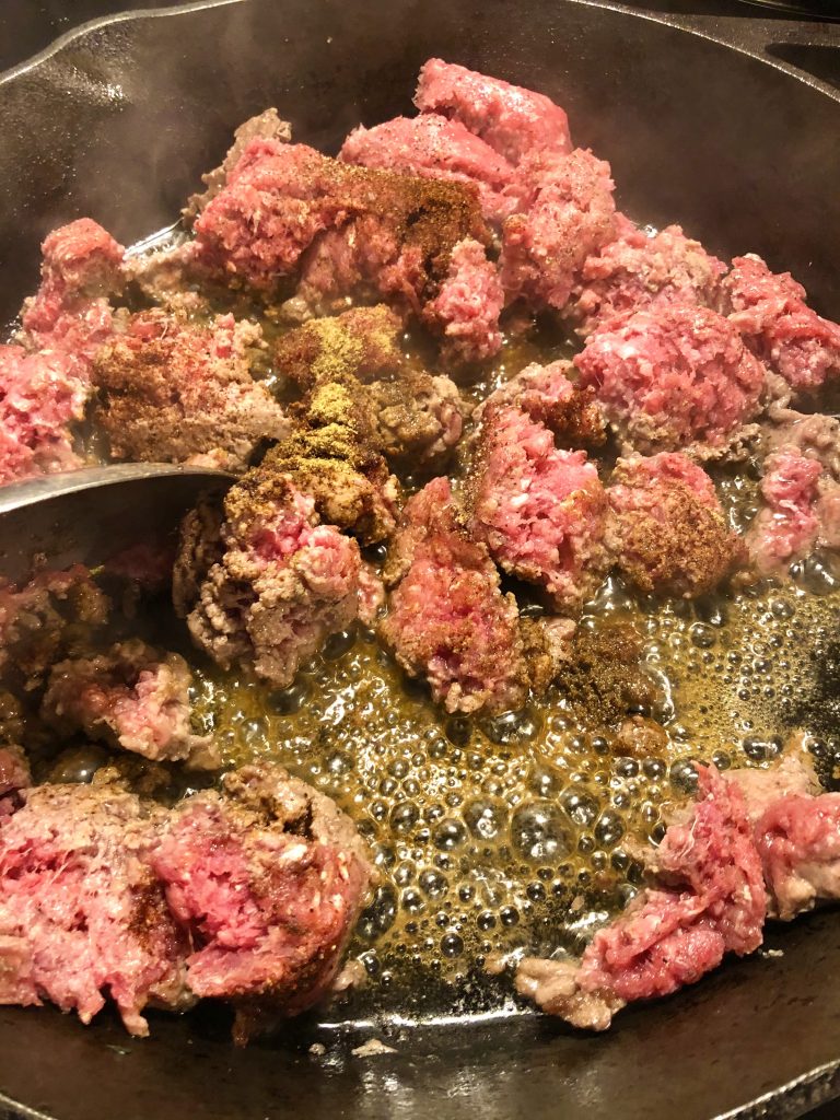 hamburger browning in cast iron skillet