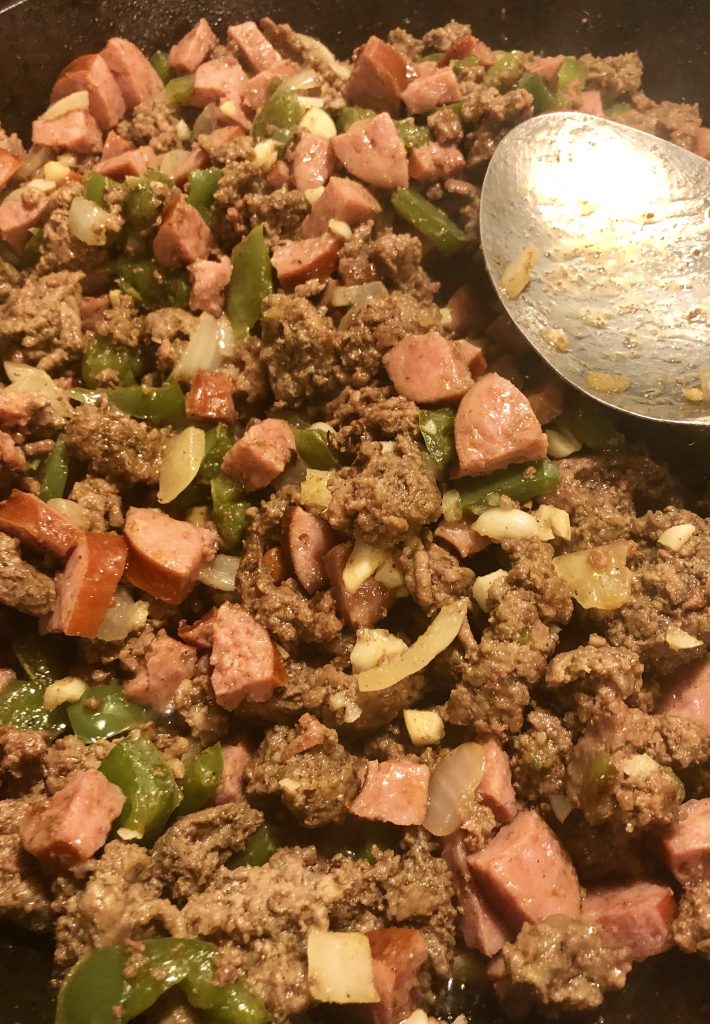 ground beef kielbasa onion green pepper fried together
