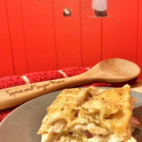 chicken cordon bleu white lasagna plated