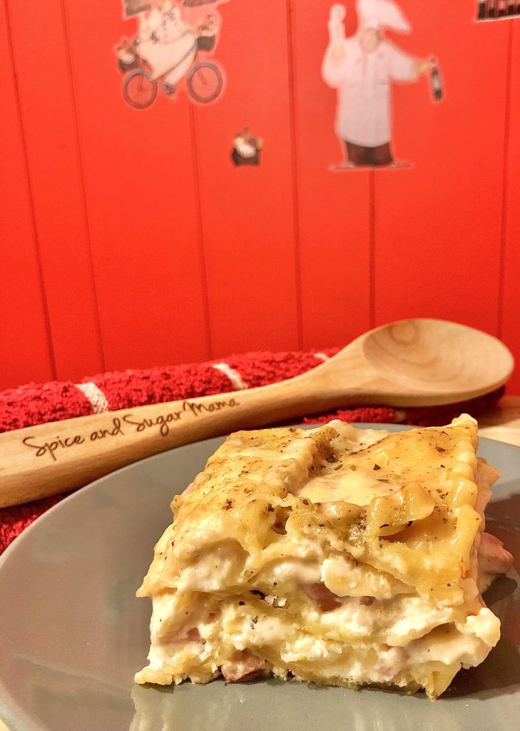 chicken cordon bleu white lasagna plated