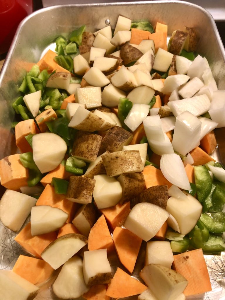 chopped green pepper, onion, russet and sweet potatoes