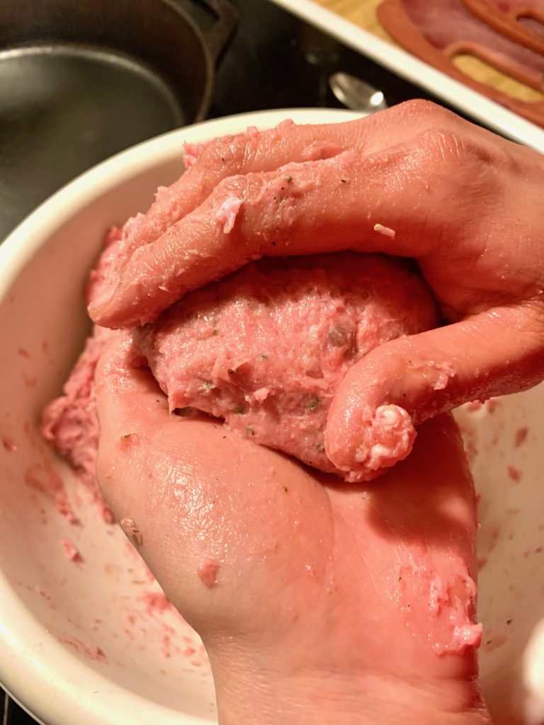 forming turkey and sausage burger patties by hand