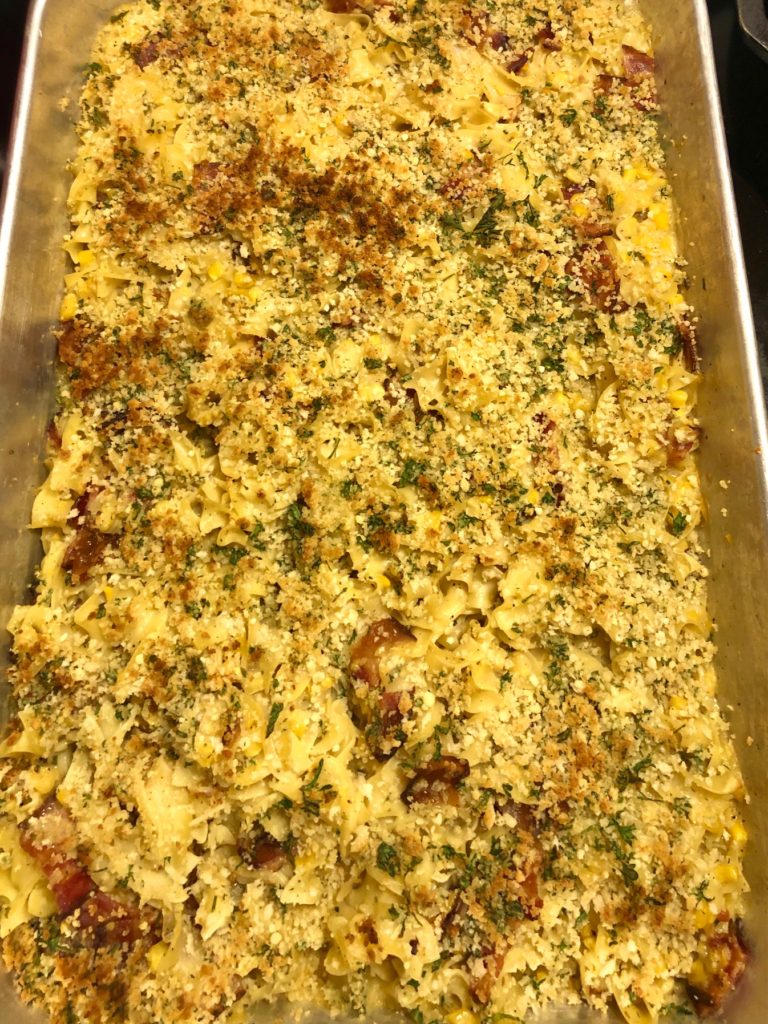 corn chowder casserole overhead shot with a panko bread topping
