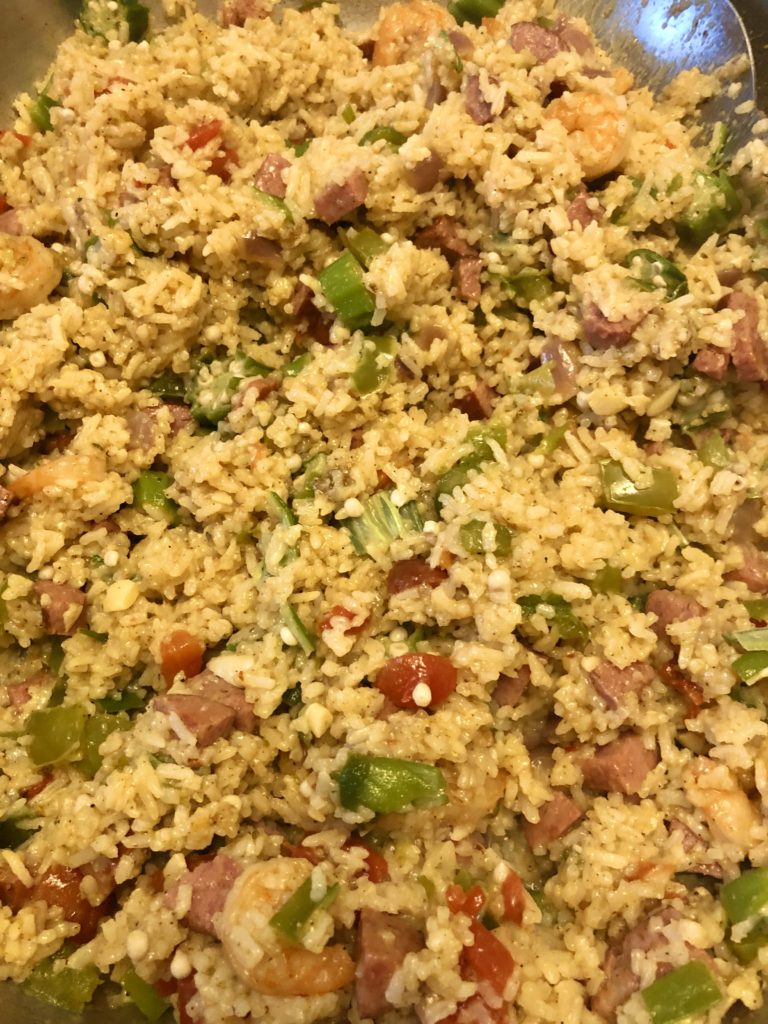 gumbo skillet rice with kielbasa shrimp green pepper onion, diced tomatoes and okra