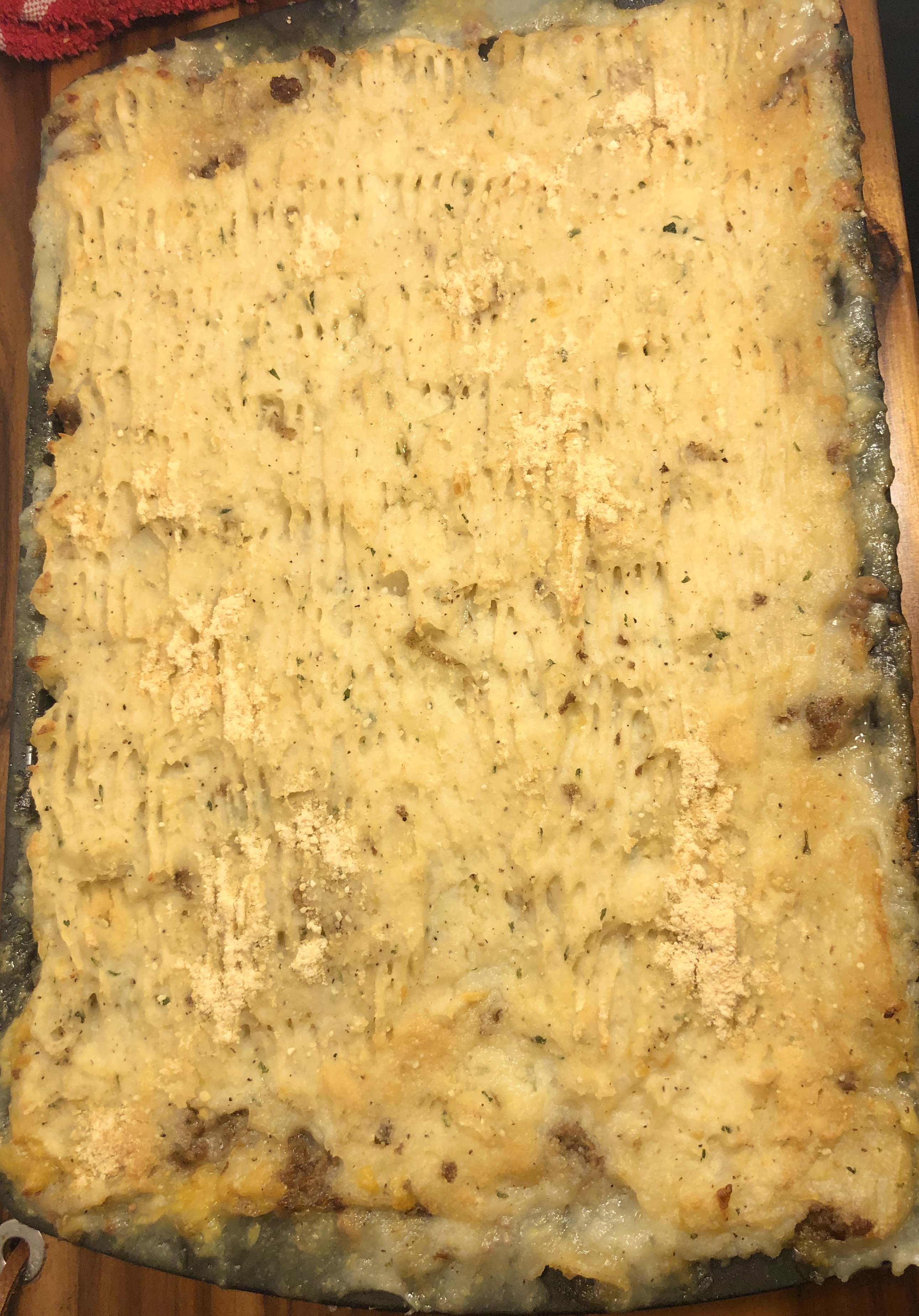 Overhead view of a baking dish out of the oven with Shepherd's Pie.