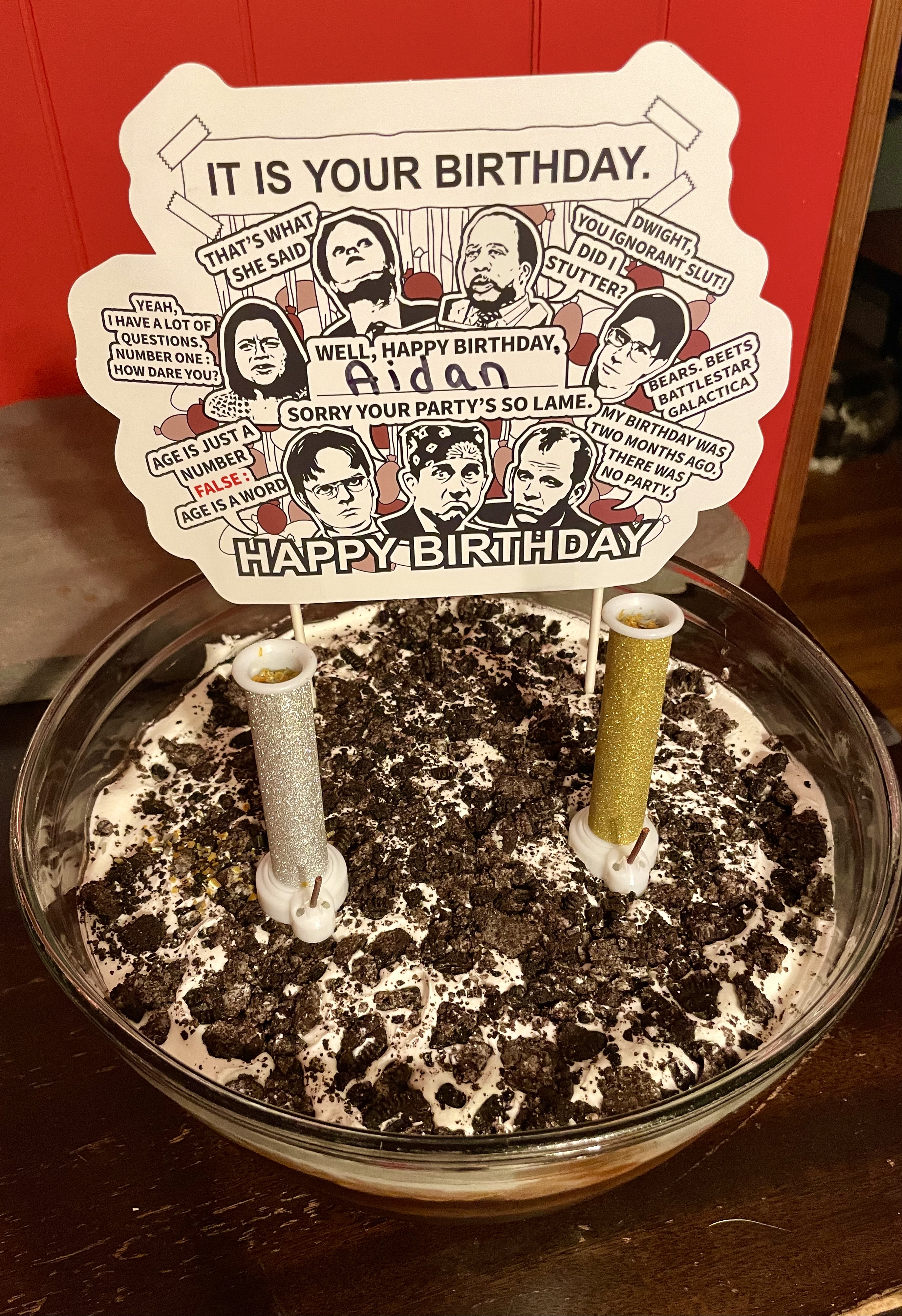Birthday candles and topper for Mud Bucket for birthday dessert.