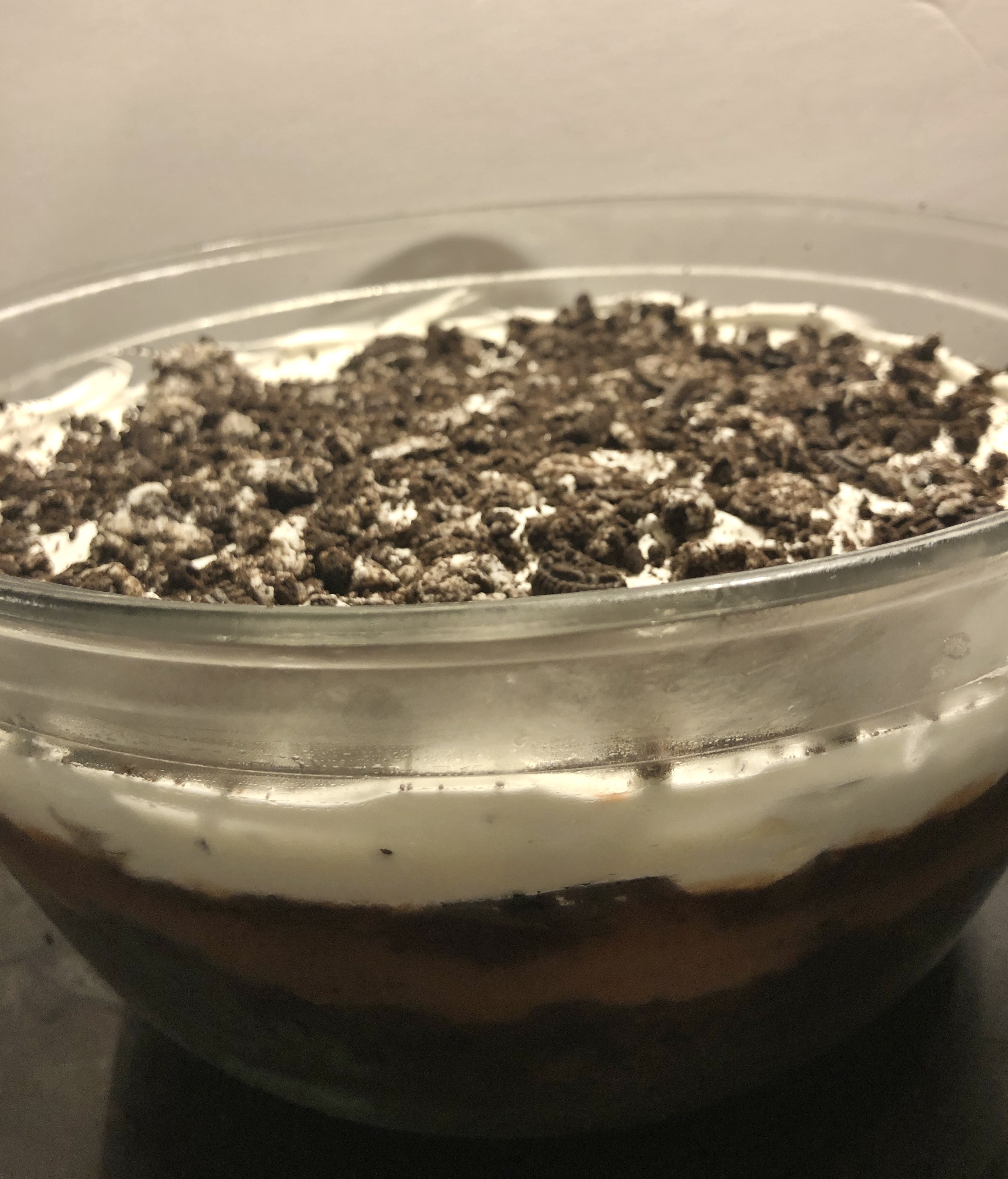 Side view of the different colored chocolate layers in trifle bowl.