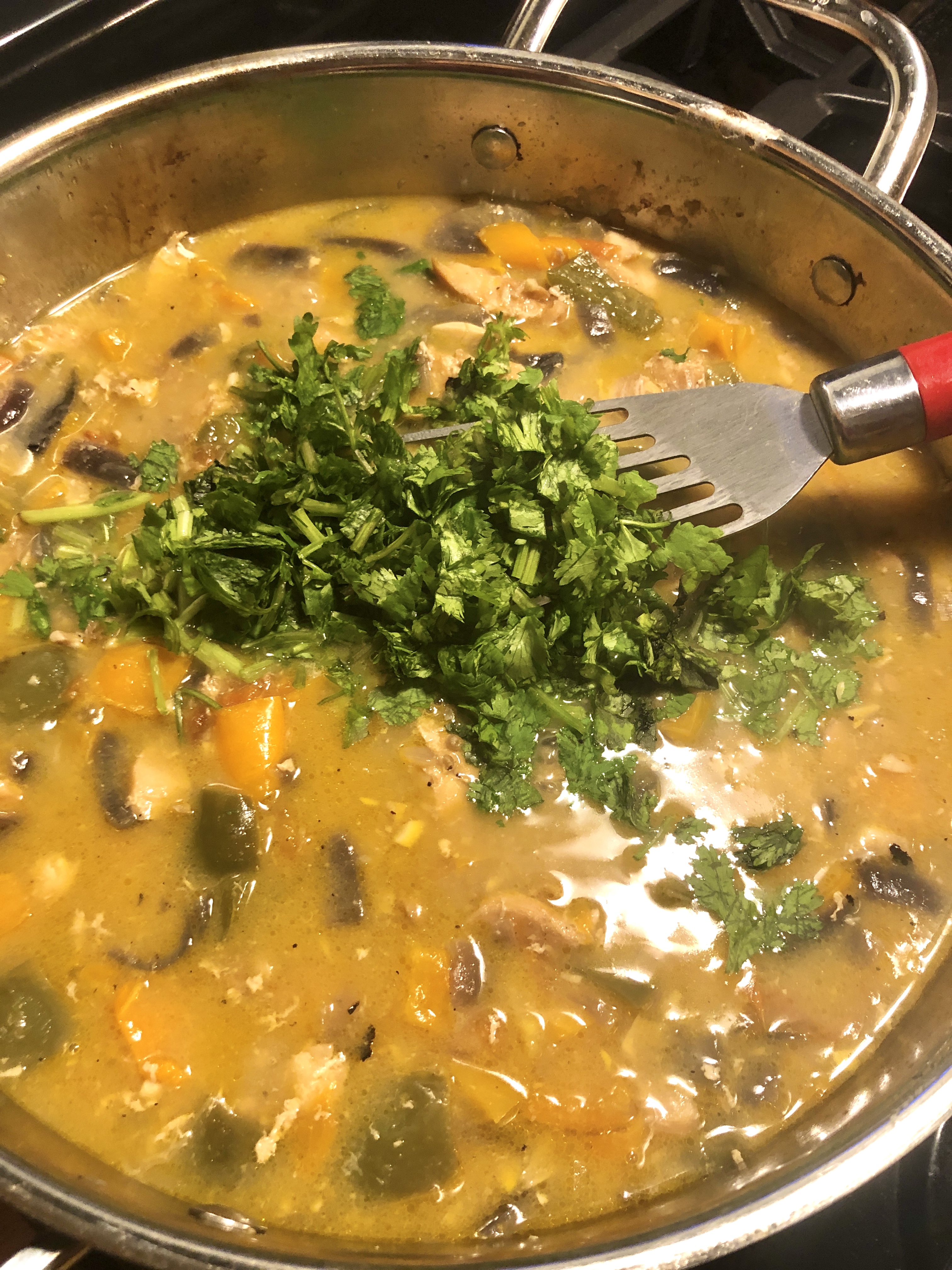 Adding fresh cilantro into a batch of Moqueca during the last few minutes of cooking.
