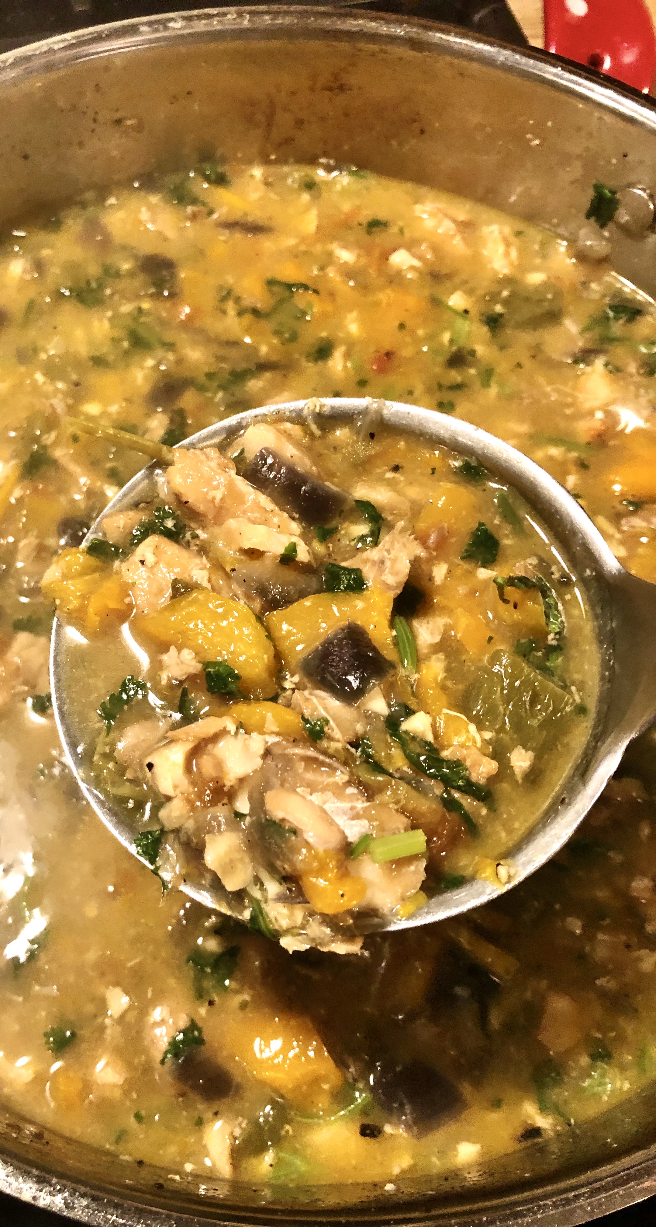 Ladleful of Moqueca over the pot of stew.